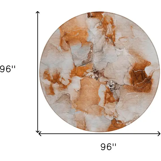Orange and Ivory Round Abstract Washable Non Skid Indoor Outdoor Area Rug Photo 3