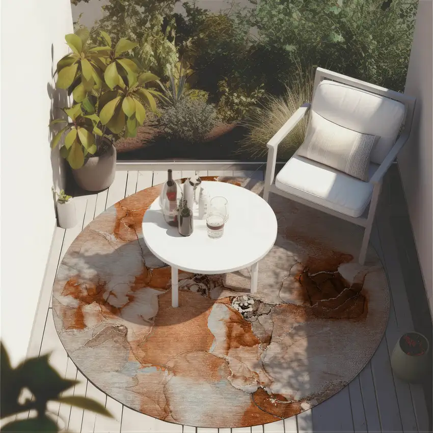 Orange and Ivory Round Abstract Washable Non Skid Indoor Outdoor Area Rug Photo 9