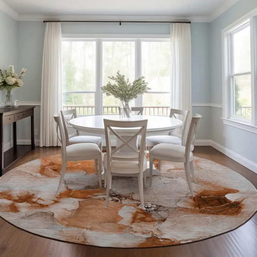 Orange and Ivory Round Abstract Washable Non Skid Indoor Outdoor Area Rug Photo 9