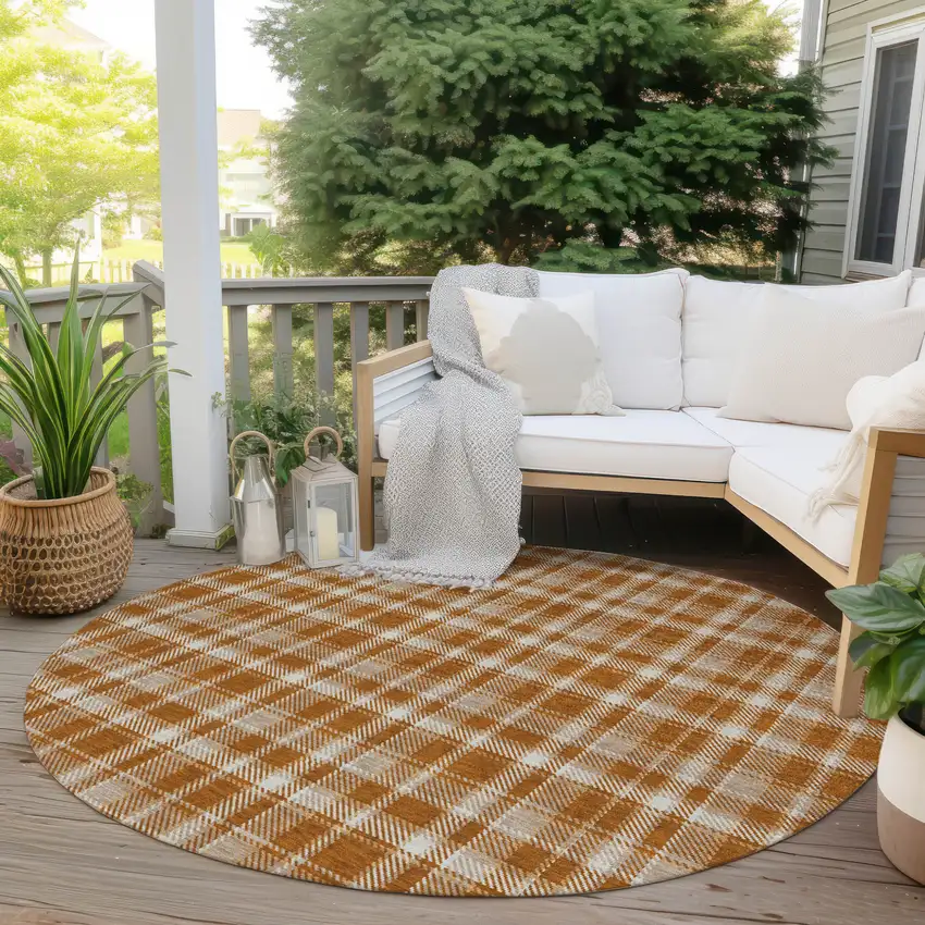 Orange and Ivory Round Plaid Washable Non Skid Indoor Outdoor Area Rug Photo 8
