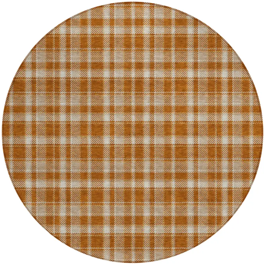 Orange and Ivory Round Plaid Washable Non Skid Indoor Outdoor Area Rug Photo 2