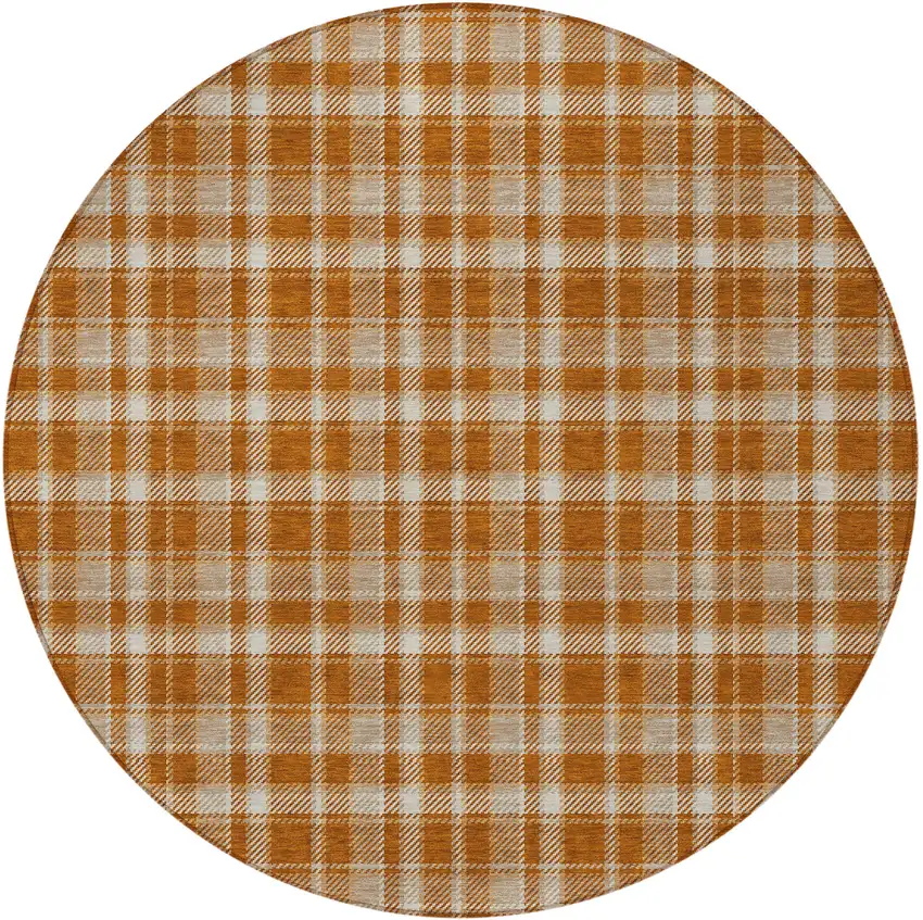 8' Round Orange and Ivory Round Plaid Washable Non Skid Indoor Outdoor Area Rug Photo 4