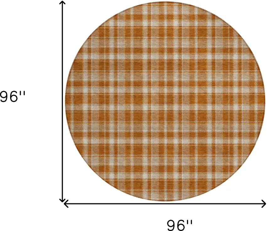 8' Round Orange and Ivory Round Plaid Washable Non Skid Indoor Outdoor Area Rug Photo 3