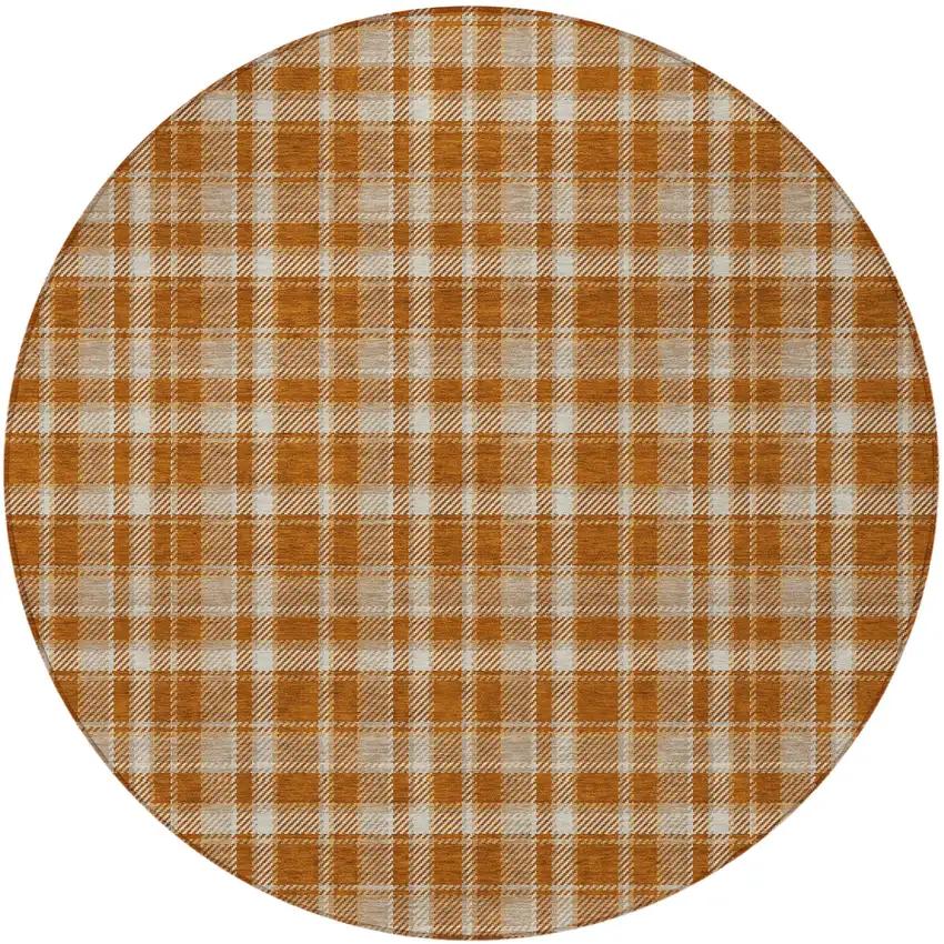 Orange and Ivory Round Plaid Washable Non Skid Indoor Outdoor Area Rug Photo 5