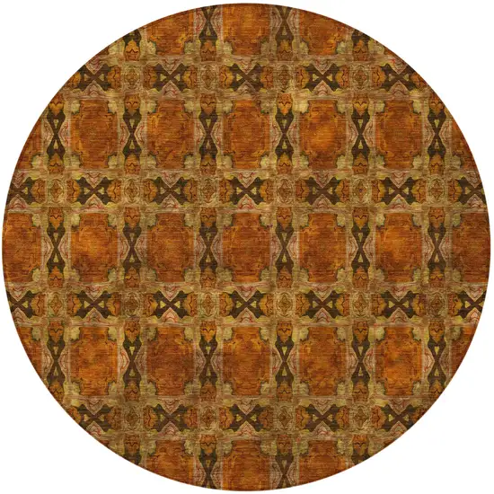 Orange and Rust Round Floral Medallion Washable Non Skid Indoor Outdoor Area Rug Photo 5