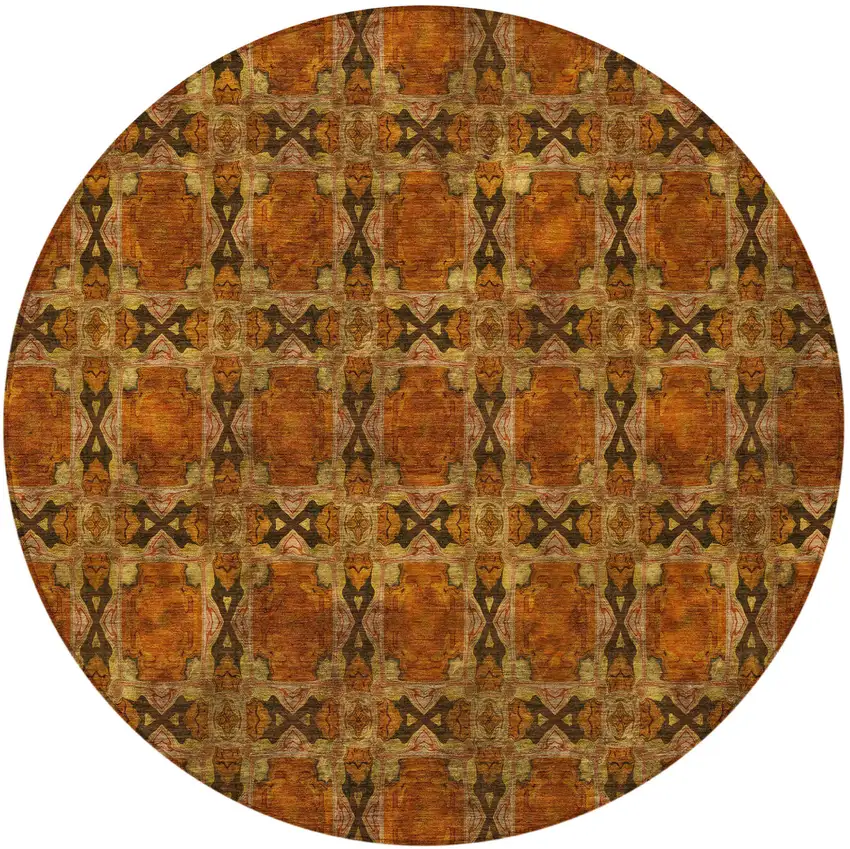 Orange and Rust Round Floral Medallion Washable Non Skid Indoor Outdoor Area Rug Photo 5