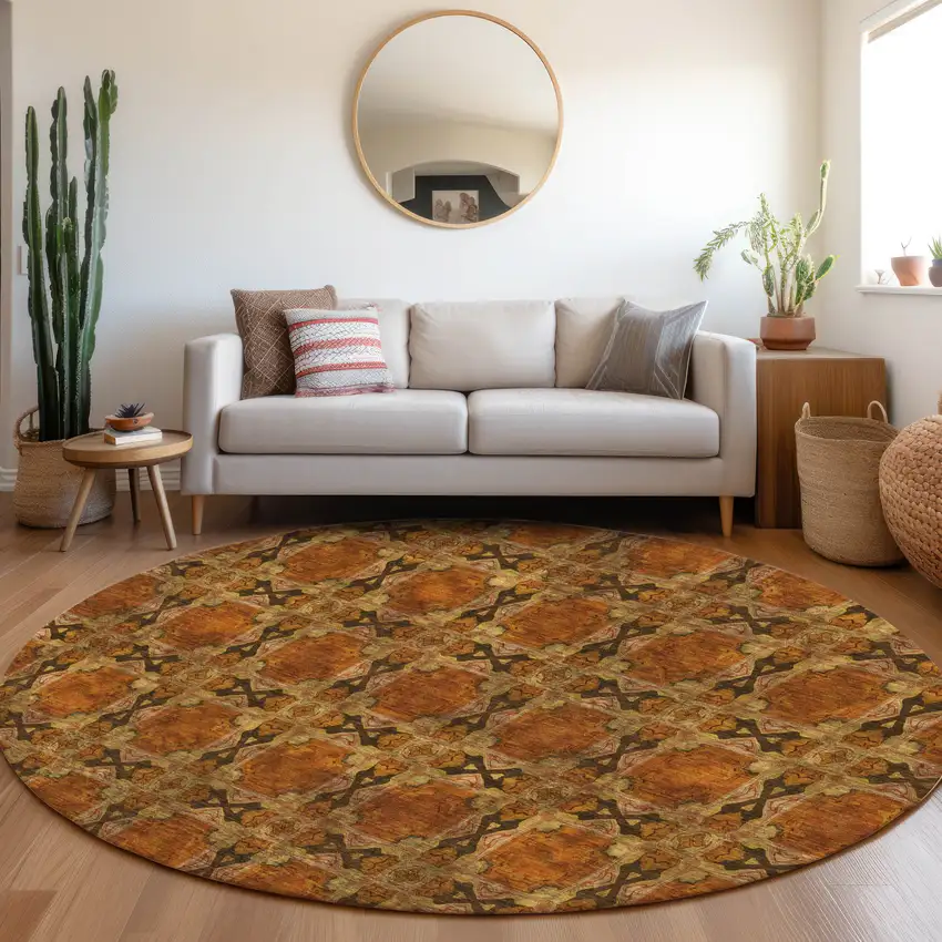 8' Round Orange and Rust Round Floral Medallion Washable Non Skid Indoor Outdoor Area Rug Photo 9
