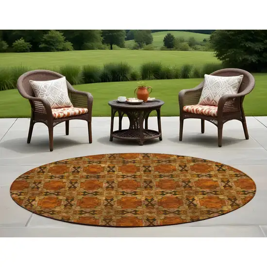 Orange and Rust Round Floral Medallion Washable Non Skid Indoor Outdoor Area Rug Photo 1