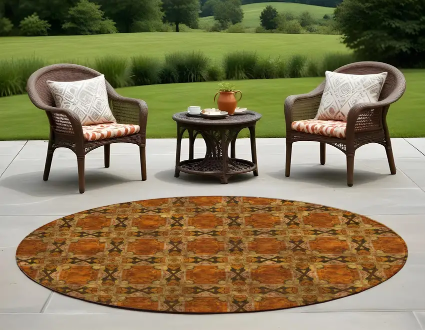 Orange and Rust Round Floral Medallion Washable Non Skid Indoor Outdoor Area Rug Photo 1