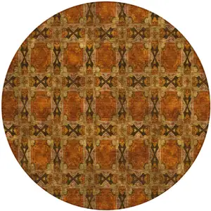 Photo of 8' Round Orange and Rust Round Floral Medallion Washable Non Skid Indoor Outdoor Area Rug