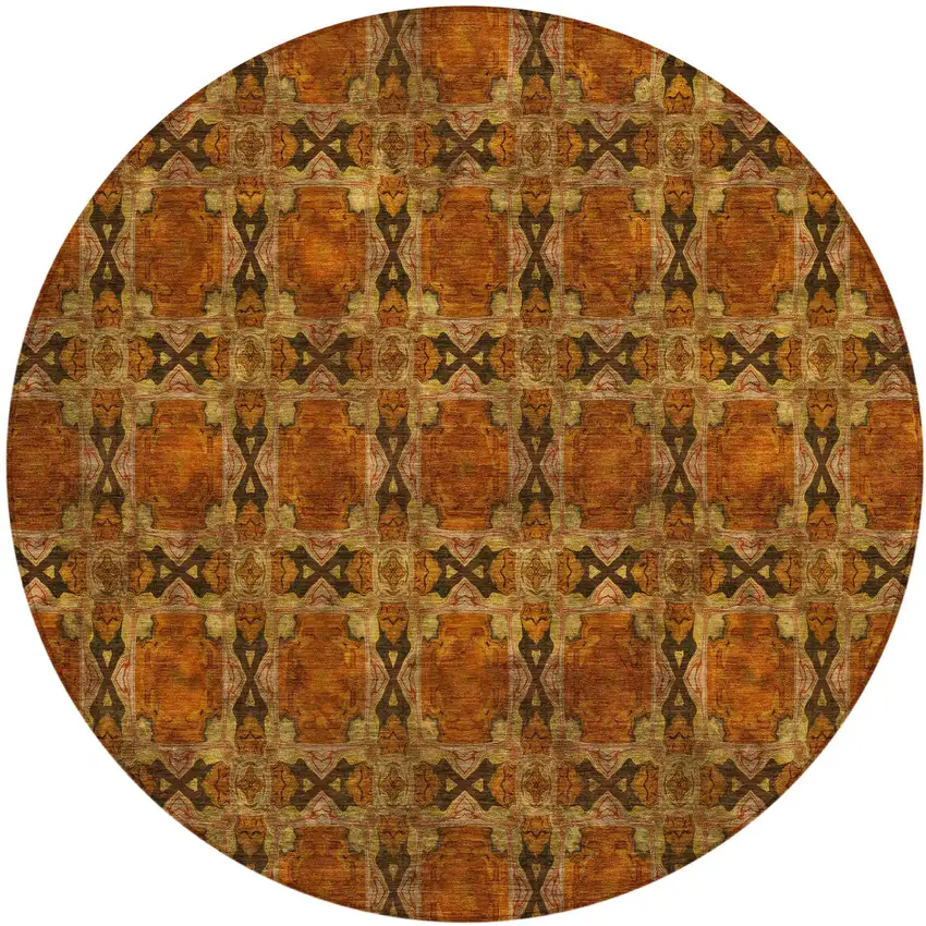 8' Round Orange and Rust Round Floral Medallion Washable Non Skid Indoor Outdoor Area Rug Photo 2