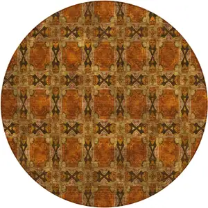 Photo of 8' Round Orange and Rust Round Floral Medallion Washable Non Skid Indoor Outdoor Area Rug