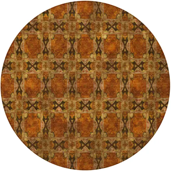 8' Round Orange and Rust Round Floral Medallion Washable Non Skid Indoor Outdoor Area Rug Photo 4