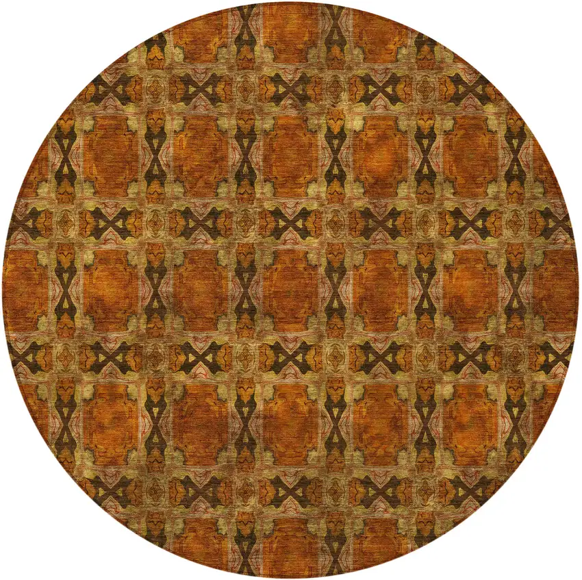 8' Round Orange and Rust Round Floral Medallion Washable Non Skid Indoor Outdoor Area Rug Photo 4