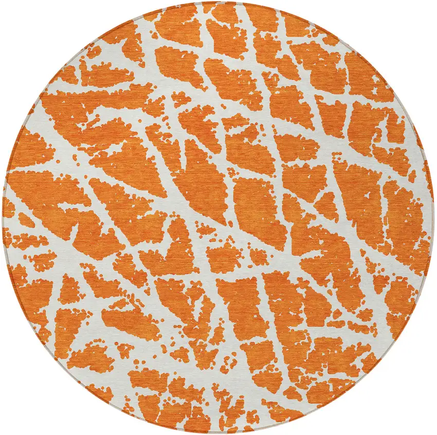 8' Round Orange and White Round Abstract Washable Non Skid Indoor Outdoor Area Rug Photo 5
