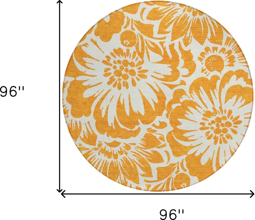 Orange and White Round Floral Washable Non Skid Indoor Outdoor Area Rug Photo 3