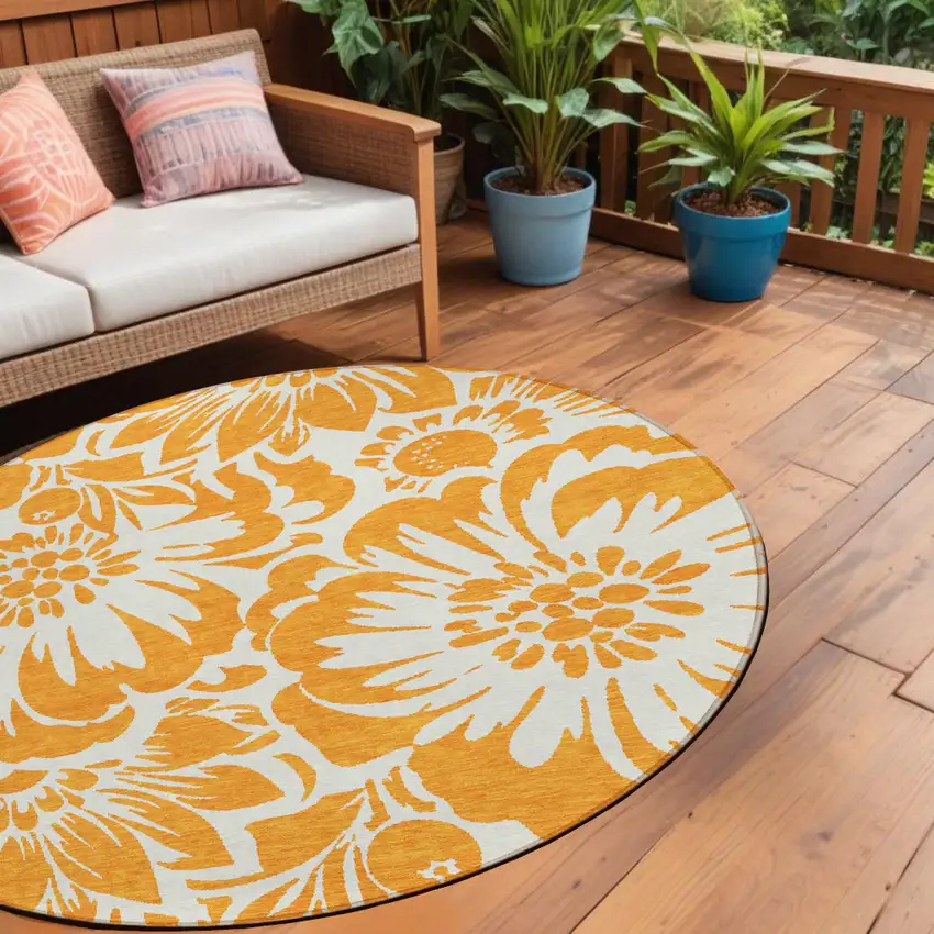 Orange and White Round Floral Washable Non Skid Indoor Outdoor Area Rug Photo 1