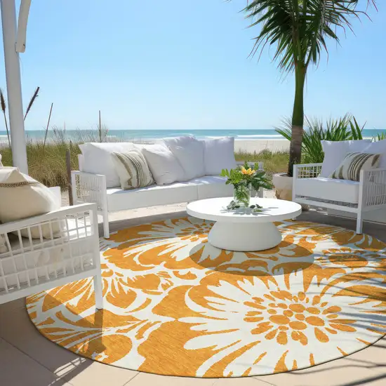 Orange and White Round Floral Washable Non Skid Indoor Outdoor Area Rug Photo 8