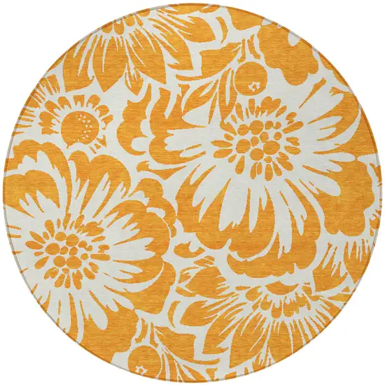 Orange and White Round Floral Washable Non Skid Indoor Outdoor Area Rug Photo 5