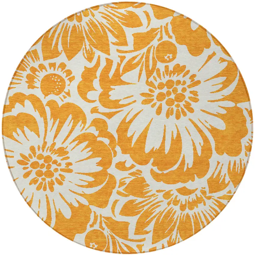 Orange and White Round Floral Washable Non Skid Indoor Outdoor Area Rug Photo 5