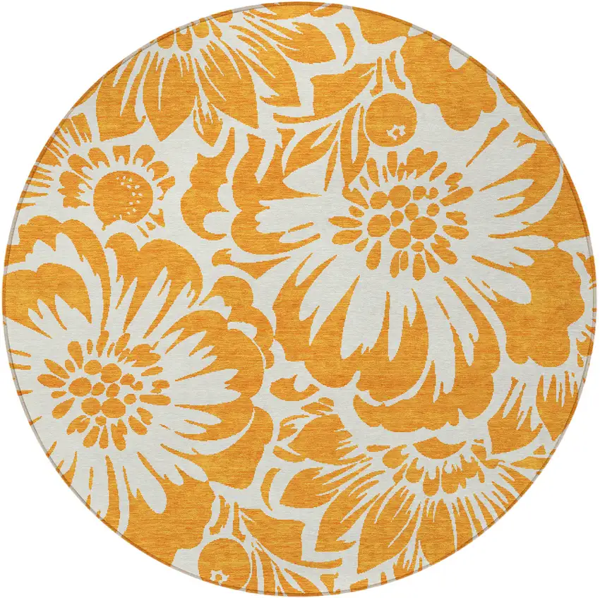 Orange and White Round Floral Washable Non Skid Indoor Outdoor Area Rug Photo 5