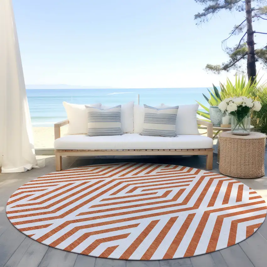 Orange and White Round Geometric Washable Non Skid Indoor Outdoor Area Rug Photo 7