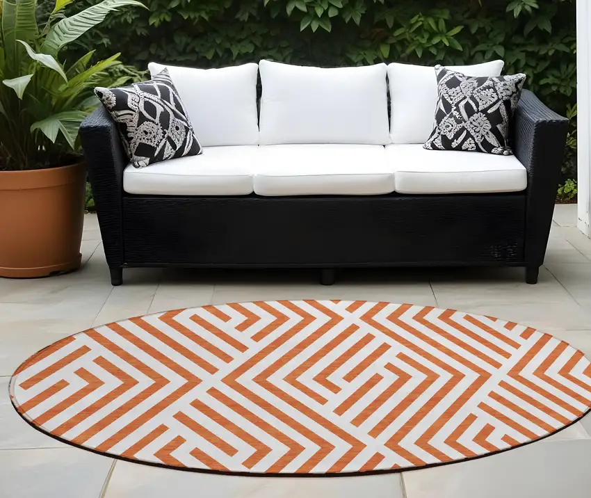 Orange and White Round Geometric Washable Non Skid Indoor Outdoor Area Rug Photo 1