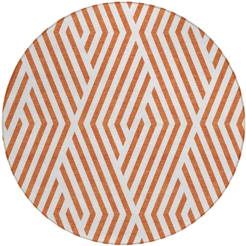 Orange and White Round Geometric Washable Non Skid Indoor Outdoor Area Rug Photo 2