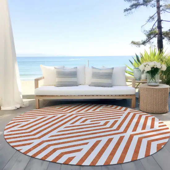 Orange and White Round Geometric Washable Non Skid Indoor Outdoor Area Rug Photo 8