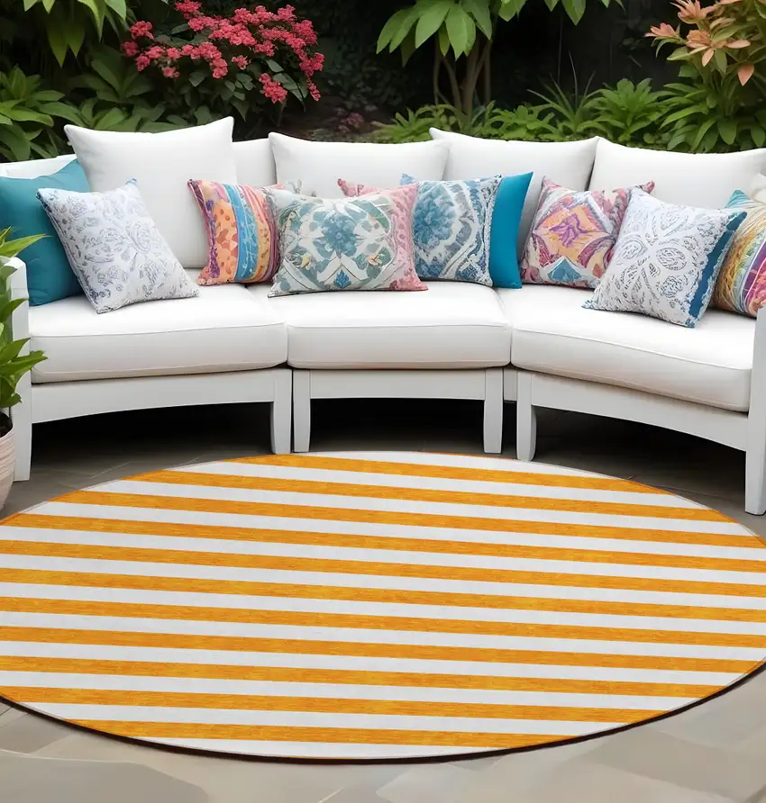 Orange and White Round Striped Washable Non Skid Indoor Outdoor Area Rug Photo 1