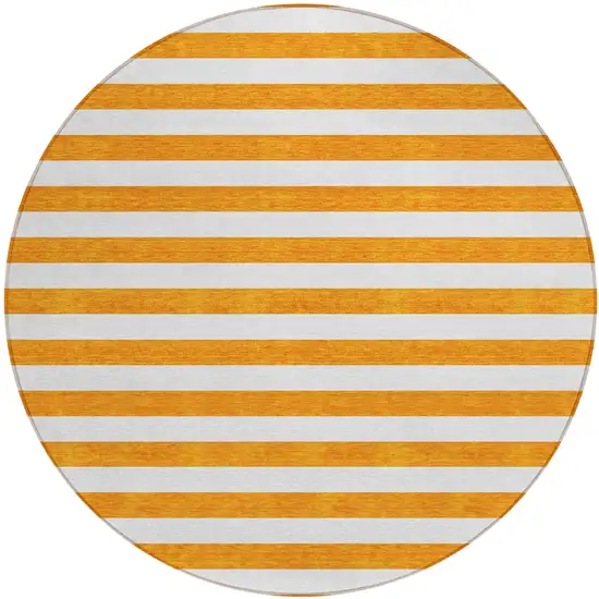8' Round Orange and White Round Striped Washable Non Skid Indoor Outdoor Area Rug Photo 2