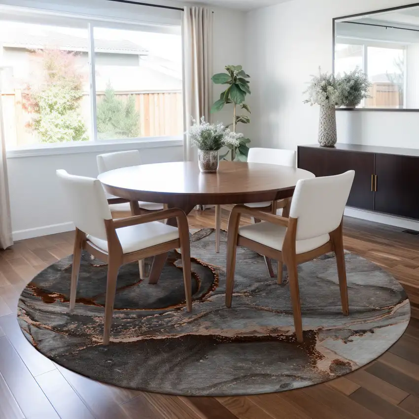 Peach Round Abstract Washable Non Skid Indoor Outdoor Area Rug Photo 9