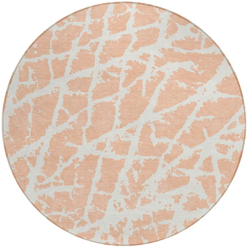Peach and Ivory Round Abstract Washable Non Skid Indoor Outdoor Area Rug Photo 2