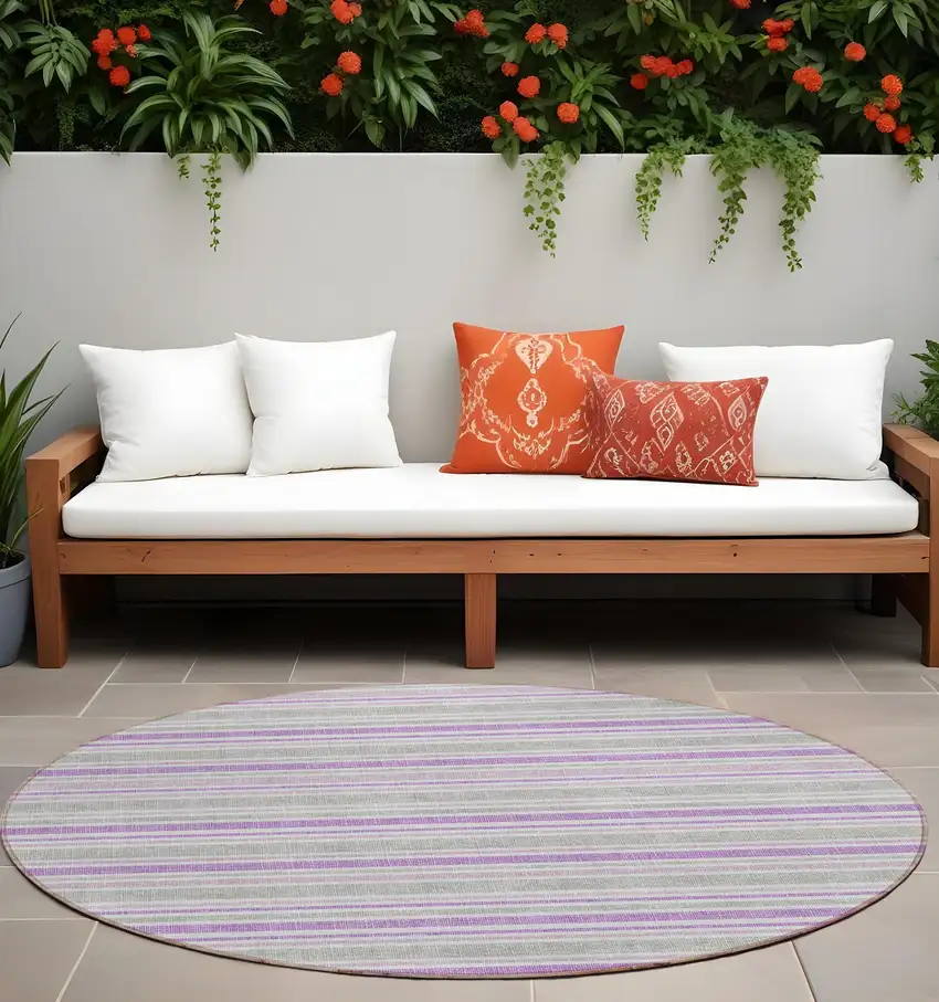 Purple Gray and White Round Striped Washable Non Skid Indoor Outdoor Area Rug Photo 1