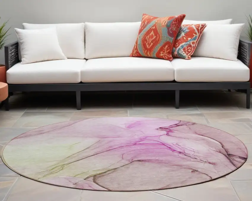 8' Round Pink Round Abstract Washable Non Skid Indoor Outdoor Area Rug Photo 1