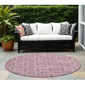 Photo of 8' Round Pink Round Floral Medallion Washable Non Skid Indoor Outdoor Area Rug
