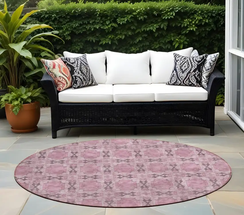 Pink Round Floral Medallion Washable Non Skid Indoor Outdoor Area Rug Photo 1