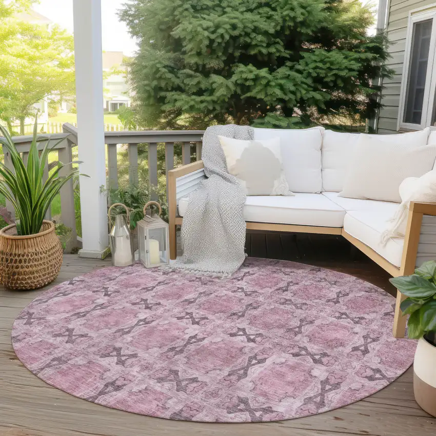 Pink Round Floral Medallion Washable Non Skid Indoor Outdoor Area Rug Photo 8