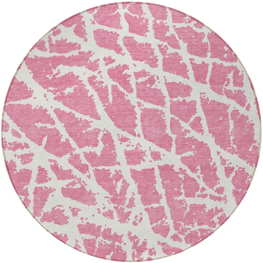 8' Round Pink and Ivory Round Abstract Washable Non Skid Indoor Outdoor Area Rug Photo 5