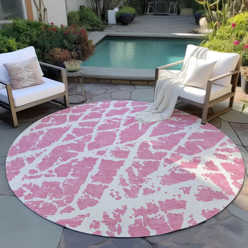 8' Round Pink and Ivory Round Abstract Washable Non Skid Indoor Outdoor Area Rug Photo 9