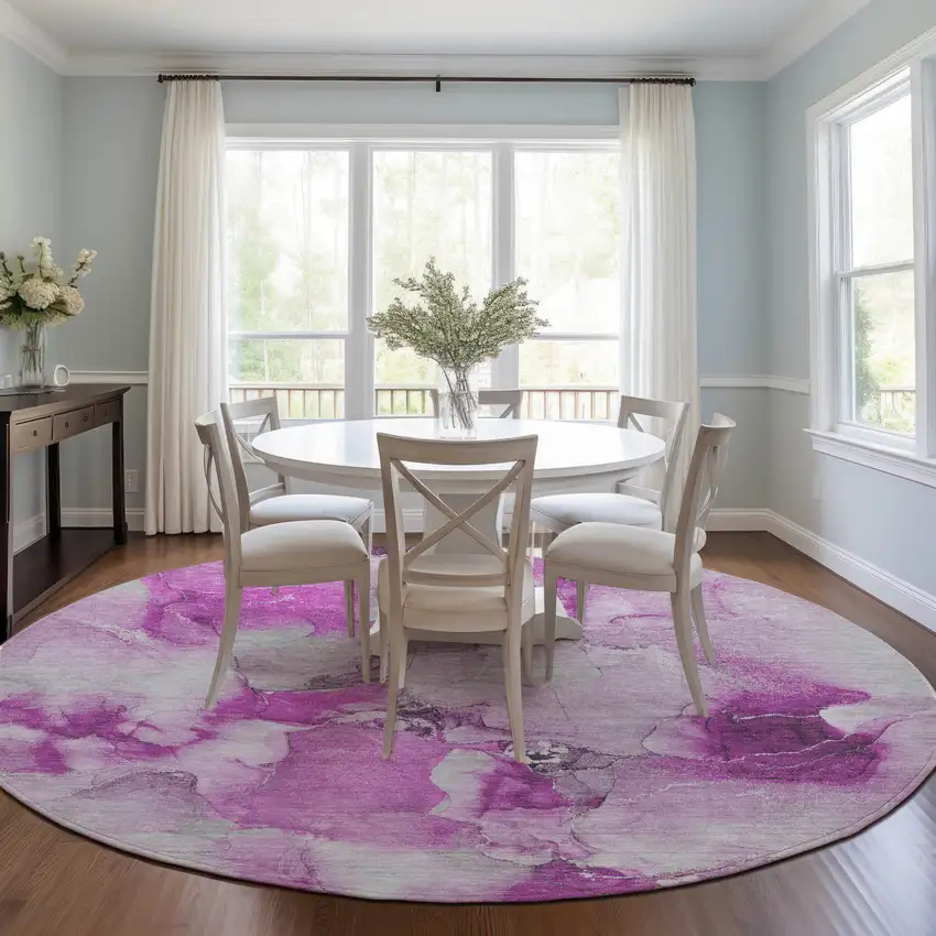 Pink and Ivory Round Abstract Washable Non Skid Indoor Outdoor Area Rug Photo 9