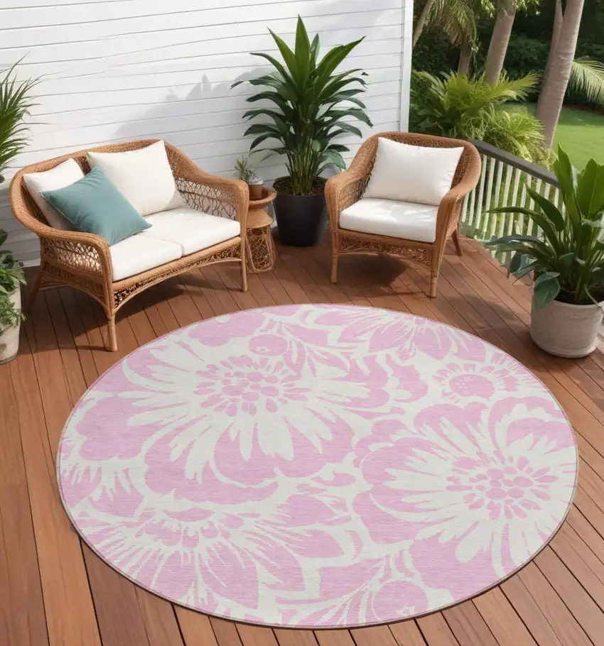 Pink and Ivory Round Floral Washable Non Skid Indoor Outdoor Area Rug Photo 1