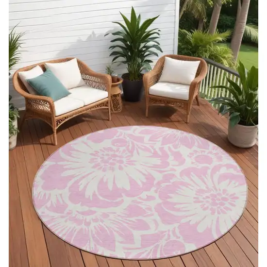 Pink and Ivory Round Floral Washable Non Skid Indoor Outdoor Area Rug Photo 1