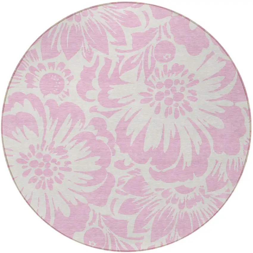 Pink and Ivory Round Floral Washable Non Skid Indoor Outdoor Area Rug Photo 5