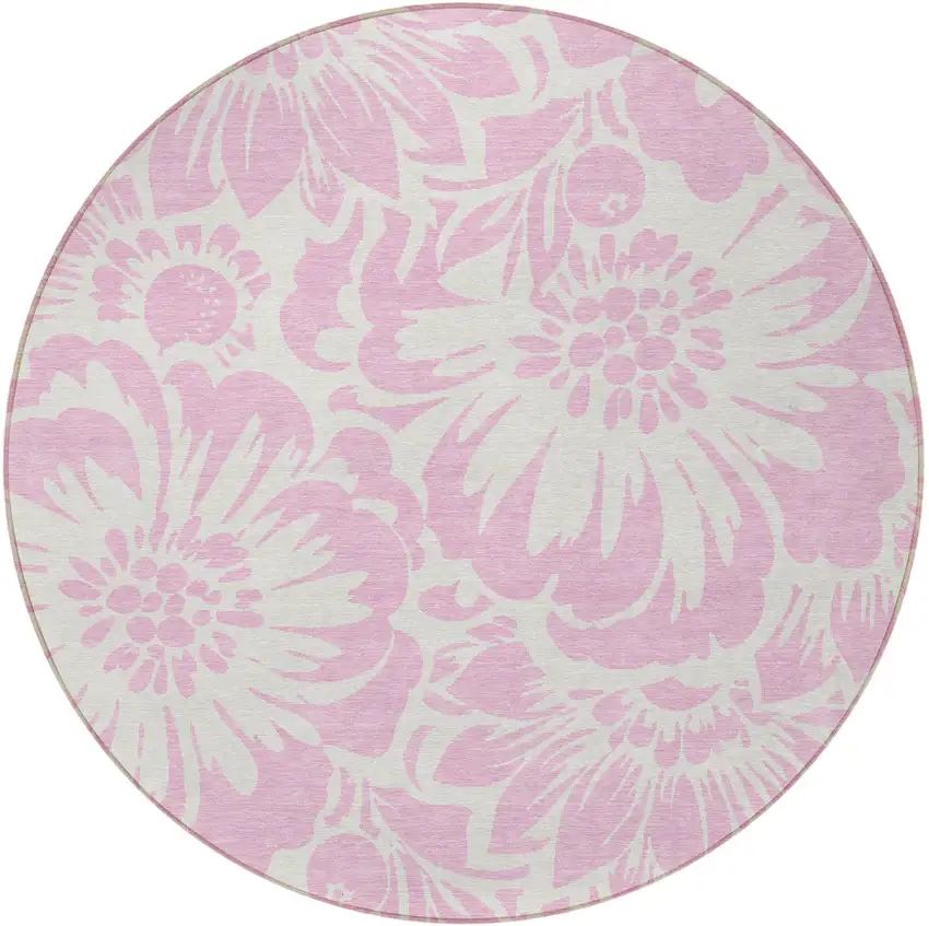 Pink and Ivory Round Floral Washable Non Skid Indoor Outdoor Area Rug Photo 5