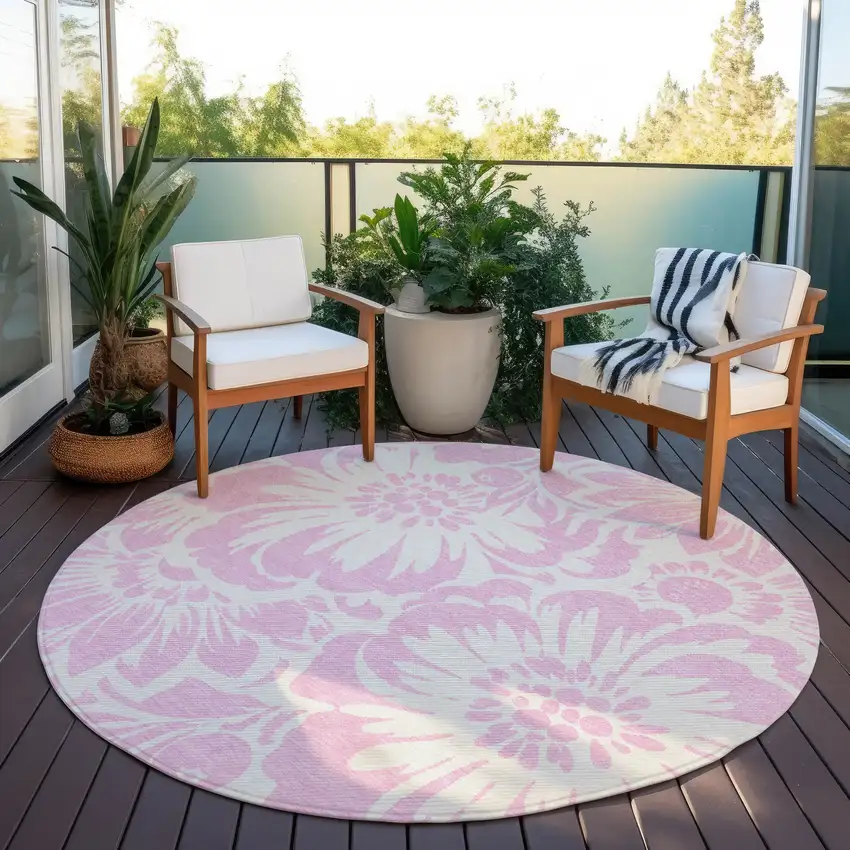 8' Round Pink and Ivory Round Floral Washable Non Skid Indoor Outdoor Area Rug Photo 8
