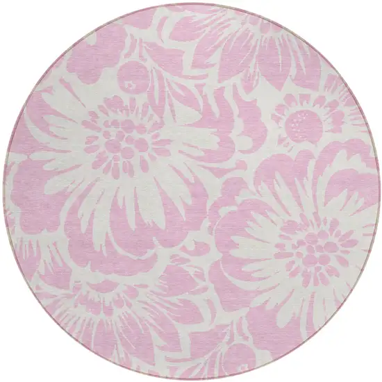 Pink and Ivory Round Floral Washable Non Skid Indoor Outdoor Area Rug Photo 2
