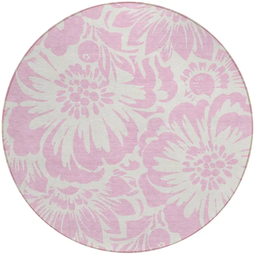 Pink and Ivory Round Floral Washable Non Skid Indoor Outdoor Area Rug Photo 2