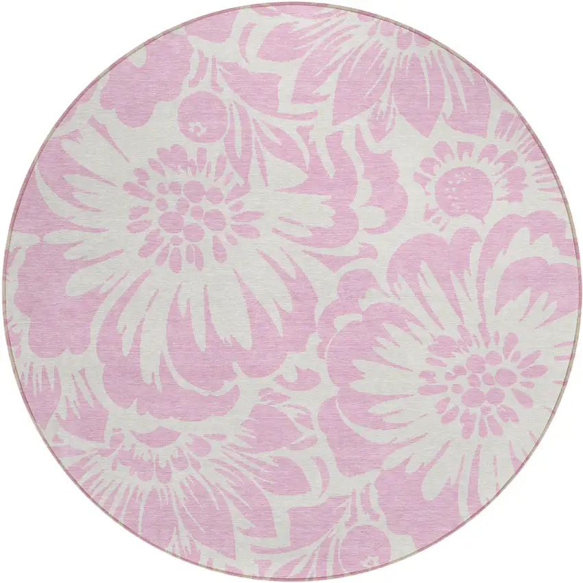 Pink and Ivory Round Floral Washable Non Skid Indoor Outdoor Area Rug Photo 2