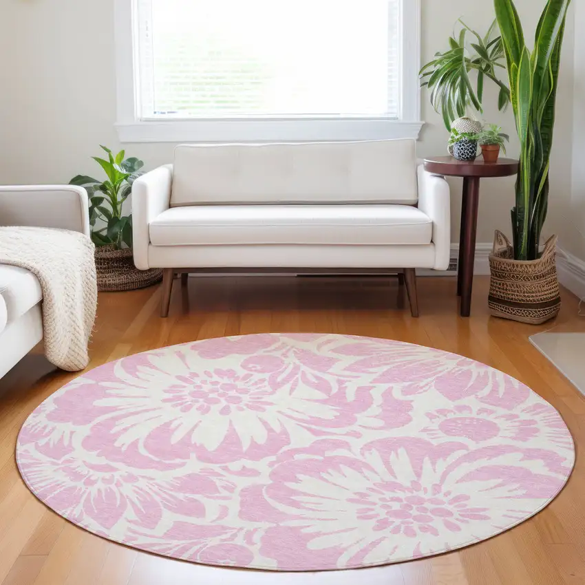 Pink and Ivory Round Floral Washable Non Skid Indoor Outdoor Area Rug Photo 9